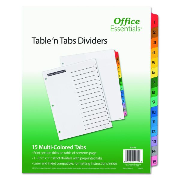 Office Essentials Table 'n Tabs Dividers, 15-Tab, 1 to 15, 11 x 8.5, White, Assorted Tabs, 1 Set