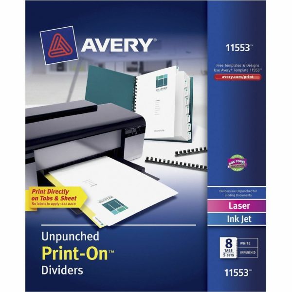 Avery Print-On Dividers, 8 1/2" x 11", Unpunched, 8-Tab, White Dividers/White Tabs, Pack Of 5 Sets