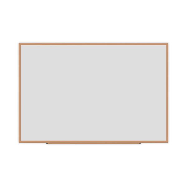 Universal Deluxe Melamine Dry Erase Board, 72" x 48", White Surface, Oak Finished Fiberboard (MDF) Frame