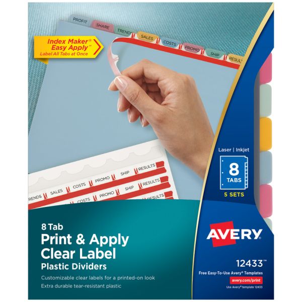 Avery 8 Tab Plastic Dividers For 3 Ring Binder, Easy Print & Apply Clear Label Strip, Index Maker Customizable, Multicolor Tabs, Pack Of 5 Sets Main image