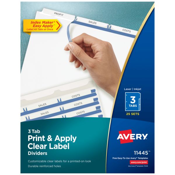Avery Customizable Index Maker Dividers For 3 Ring Binder, Easy Print & Apply Clear Label Strip, 3 Tab, White, Box Of 25 Sets Main image