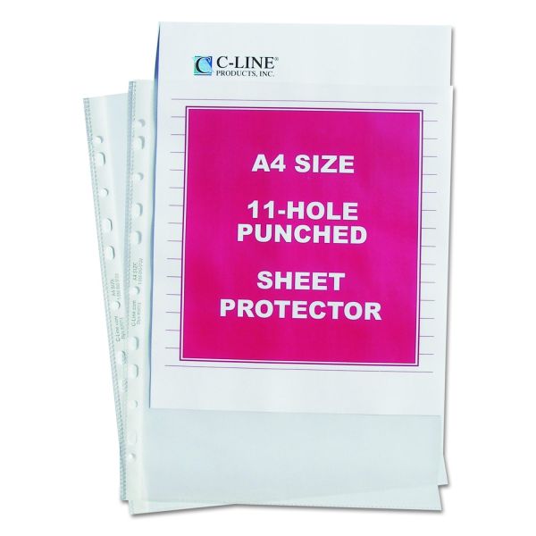 C-Line A4 Standard Weight Sheet Protectors, Medium-Duty, Side: 11-Hole Punched, Top Load 8.25 x 11.75 Insert, Clear Front, 50/Box Main image