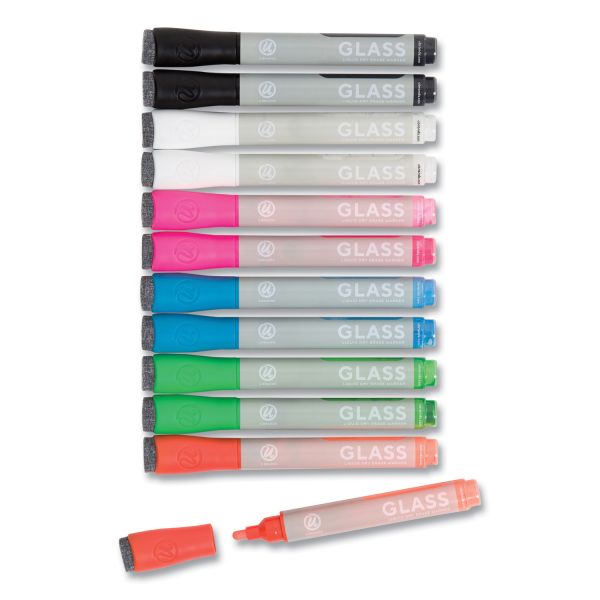 U Brands Bullet Tip Low-Odor Liquid Glass Markers with Erasers, Broad Bullet Tip, Assorted Colors, 12/Pack Main image
