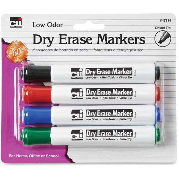 Charles Leonard Chisel Tip Dry Erase Markers - Black, Blue, Red, Green Ink - 4 / Pack Main image