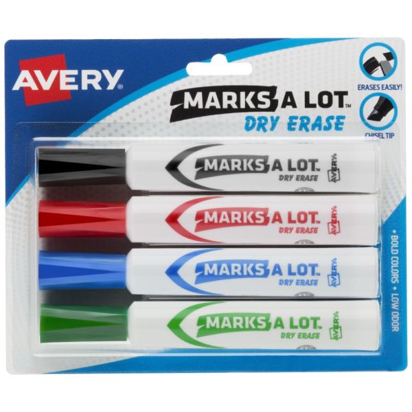 Avery Marks A Lot Dry Erase Markers, Chisel Tip, Desk-Style, Assorted Colors, Pack Of 4 Markers Main image