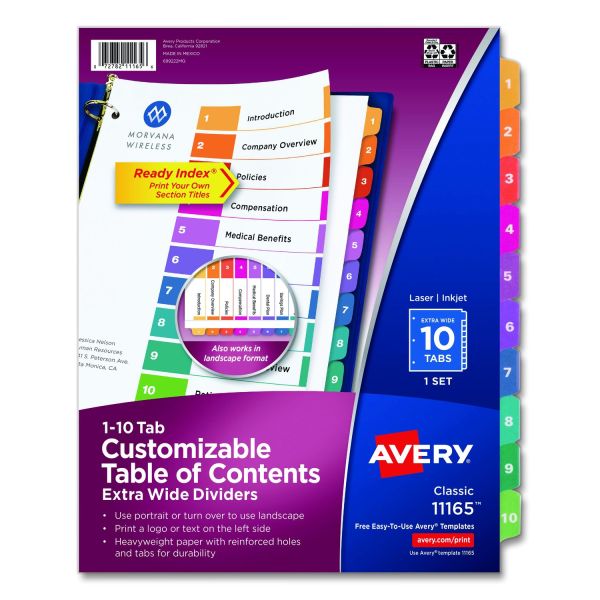 Avery Customizable TOC Ready Index Multicolor Tab Dividers, Extra Wide Tabs, 10-Tab, 1 to 10, 11 x 9.25, White, 1 Set Main image