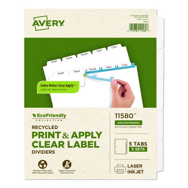 Avery Index Maker EcoFriendly Print and Apply Clear Label Dividers with White Tabs, 5-Tab, 11 x 8.5, White, 5 Sets