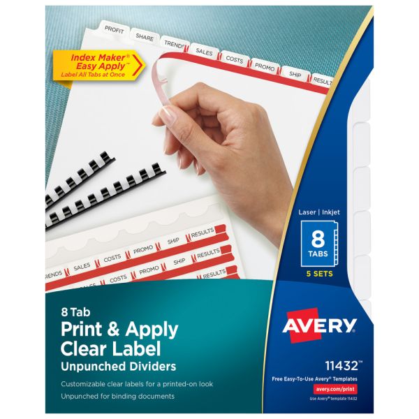 Avery Print & Apply Clear Label Dividers With Index Maker Easy Apply Printable Label Strip And White Tabs, 8-Tab, Box Of 5 Sets Main image
