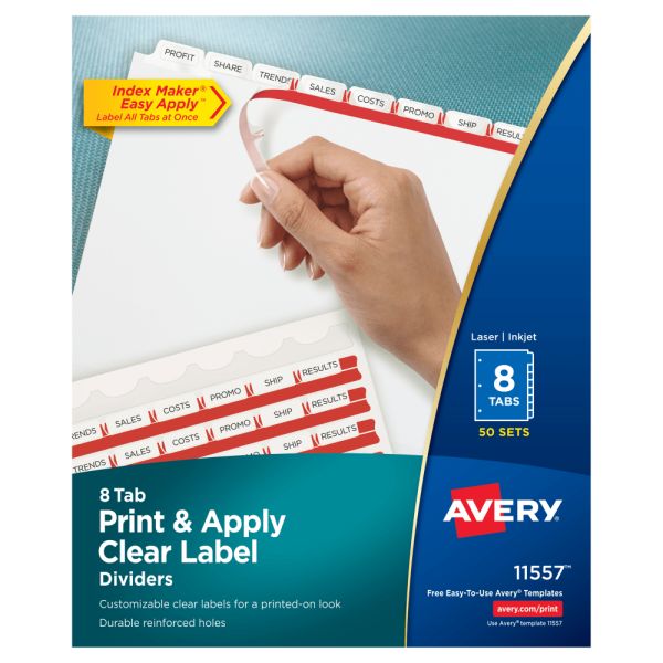 Avery Customizable Index Maker Dividers For 3 Ring Binder, Easy Print & Apply Clear Label Strip, 8 Tab, White, Pack Of 50 Sets Main image