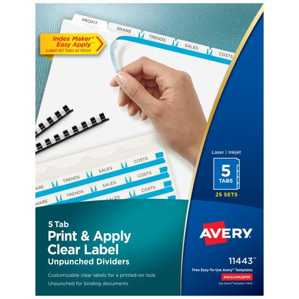 Avery Unpunched Customizable Dividers For Use With Any Binding System, 5 Tab, White, 25 Sets - 11443