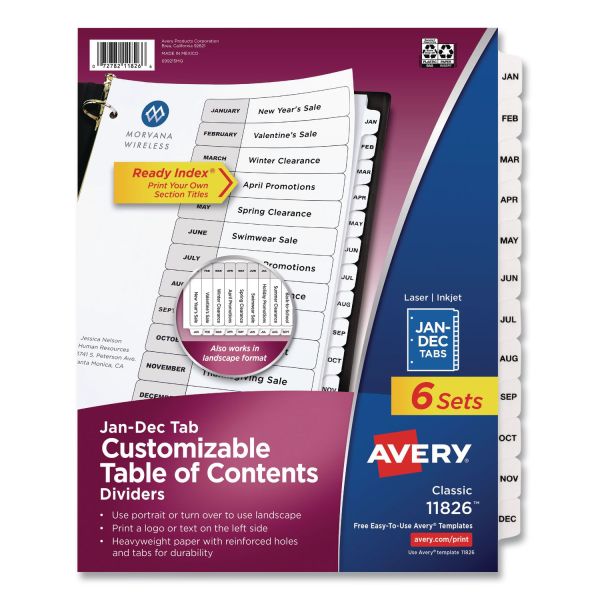 Avery Customizable Table of Contents Ready Index Black and White Dividers, 12-Tab, Jan. to Dec., 11 x 8.5, White, 6 Sets